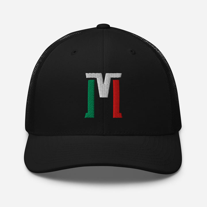 "M" Retro Trucker Hat | E Luna Brand CLASSIC | 1 Green, White, Red Thread Logo | 3D Puff Edition