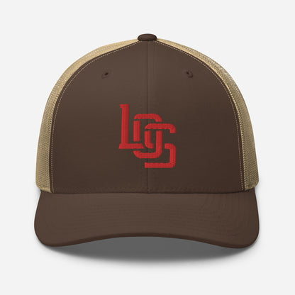 "LOS" Retro Trucker Hat | Yupoong 6606 | E Luna CLASSIC Solocrest 1 Red Thread Front Logo