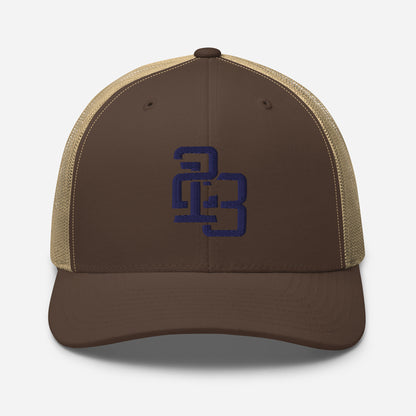 "213" Retro Trucker Hat | Yupoong 6606 | E Luna CLASSIC Solocrest 1 Navy Thread Front Logo