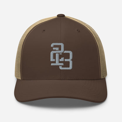 "213" Retro Trucker Hat | Yupoong 6606 | E Luna CLASSIC Solocrest 1 Grey Thread Front Logo