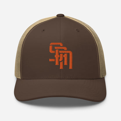 "SAN" Retro Trucker Hat | Yupoong 6606 | E Luna Brand CLASSIC Solocrest 1 Orange Thread Front Logo