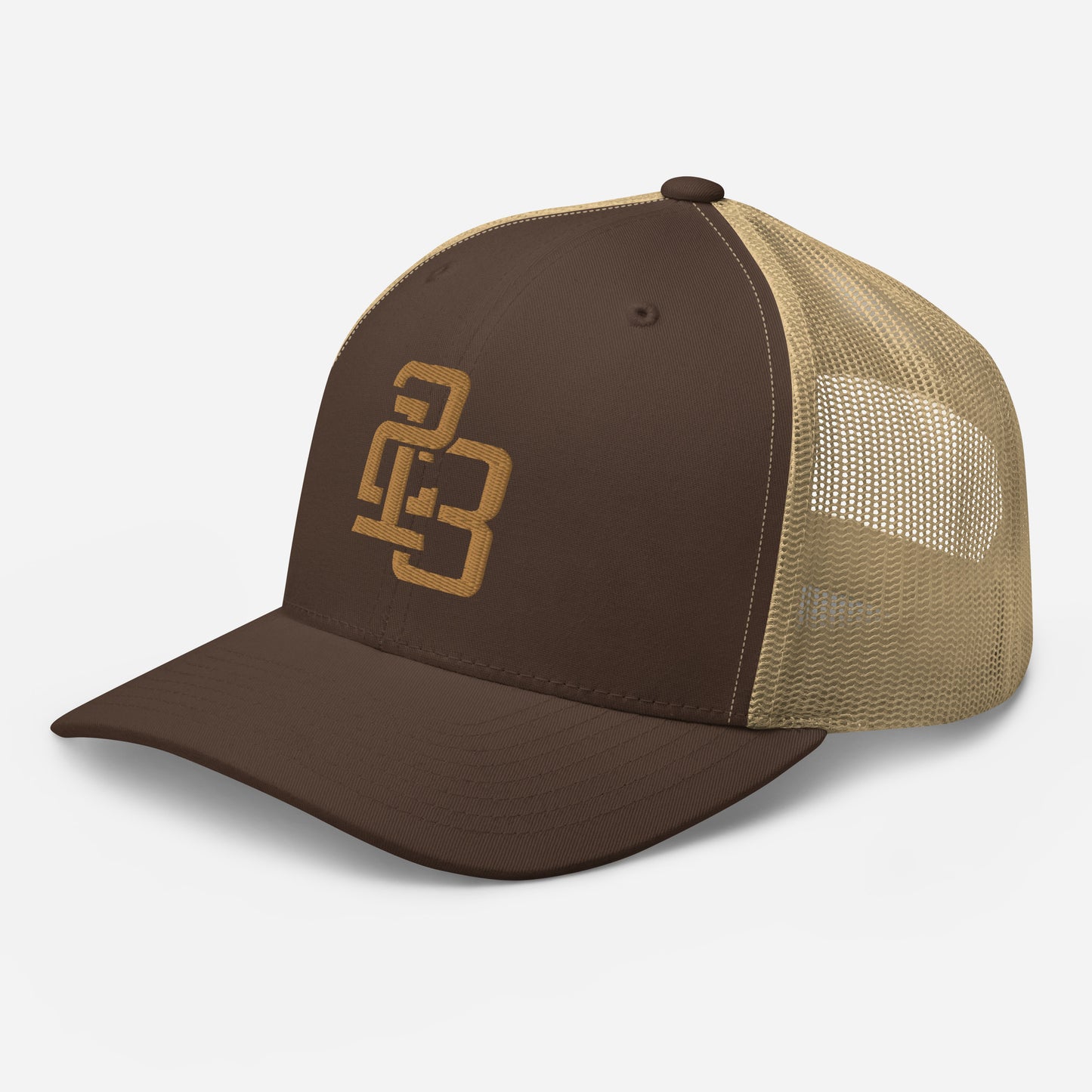 "213" Retro Trucker Hat | Yupoong 6606 | E Luna CLASSIC Solocrest 1 Old Gold Thread Front Logo