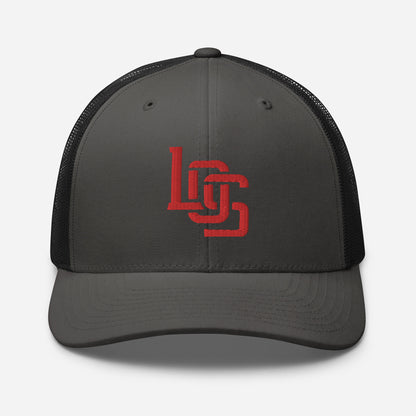 "LOS" Retro Trucker Hat | Yupoong 6606 | E Luna CLASSIC Solocrest 1 Red Thread Front Logo