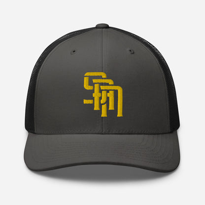 "SAN" Retro Trucker Hat | Yupoong 6606 | E Luna Brand CLASSIC Solocrest 1 Gold Thread Front Logo