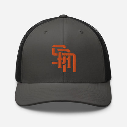 "SAN" Retro Trucker Hat | Yupoong 6606 | E Luna Brand CLASSIC Solocrest 1 Orange Thread Front Logo