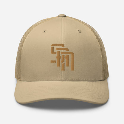 "SAN" Retro Trucker Hat | Yupoong 6606 | E Luna Brand CLASSIC Solocrest 1 Old Gold Thread Front Logo