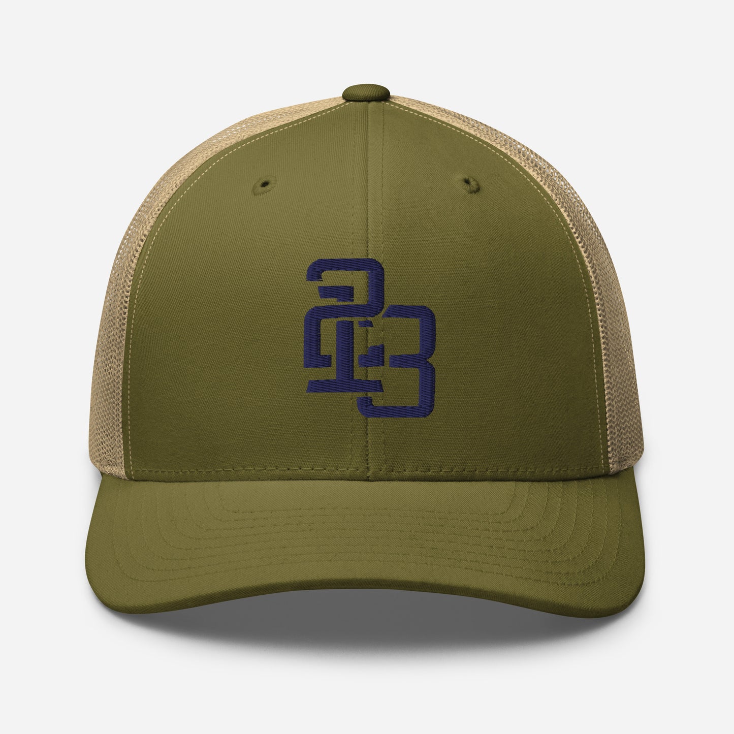 "213" Retro Trucker Hat | Yupoong 6606 | E Luna CLASSIC Solocrest 1 Navy Thread Front Logo