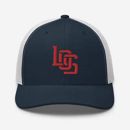 "LOS" Retro Trucker Hat | Yupoong 6606 | E Luna CLASSIC Solocrest 1 Red Thread Front Logo