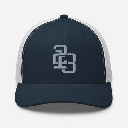 "213" Retro Trucker Hat | Yupoong 6606 | E Luna CLASSIC Solocrest 1 Grey Thread Front Logo