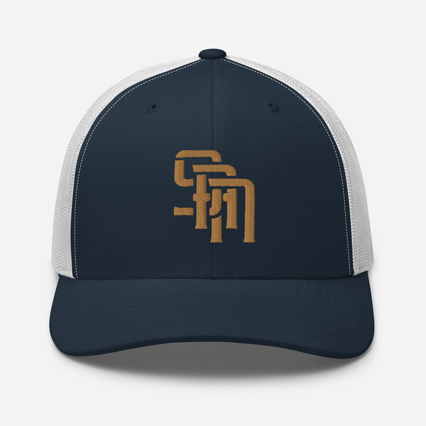 "SAN" Retro Trucker Hat | Yupoong 6606 | E Luna Brand CLASSIC Solocrest 1 Old Gold Thread Front Logo