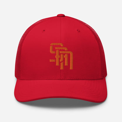 "SAN" Retro Trucker Hat | Yupoong 6606 | E Luna Brand CLASSIC Solocrest 1 Orange Thread Front Logo