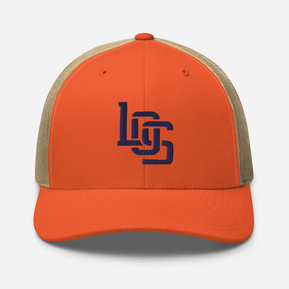 "LOS" Retro Trucker Hat | Yupoong 6606 | E Luna CLASSIC Solocrest 1 Navy Thread Front Logo