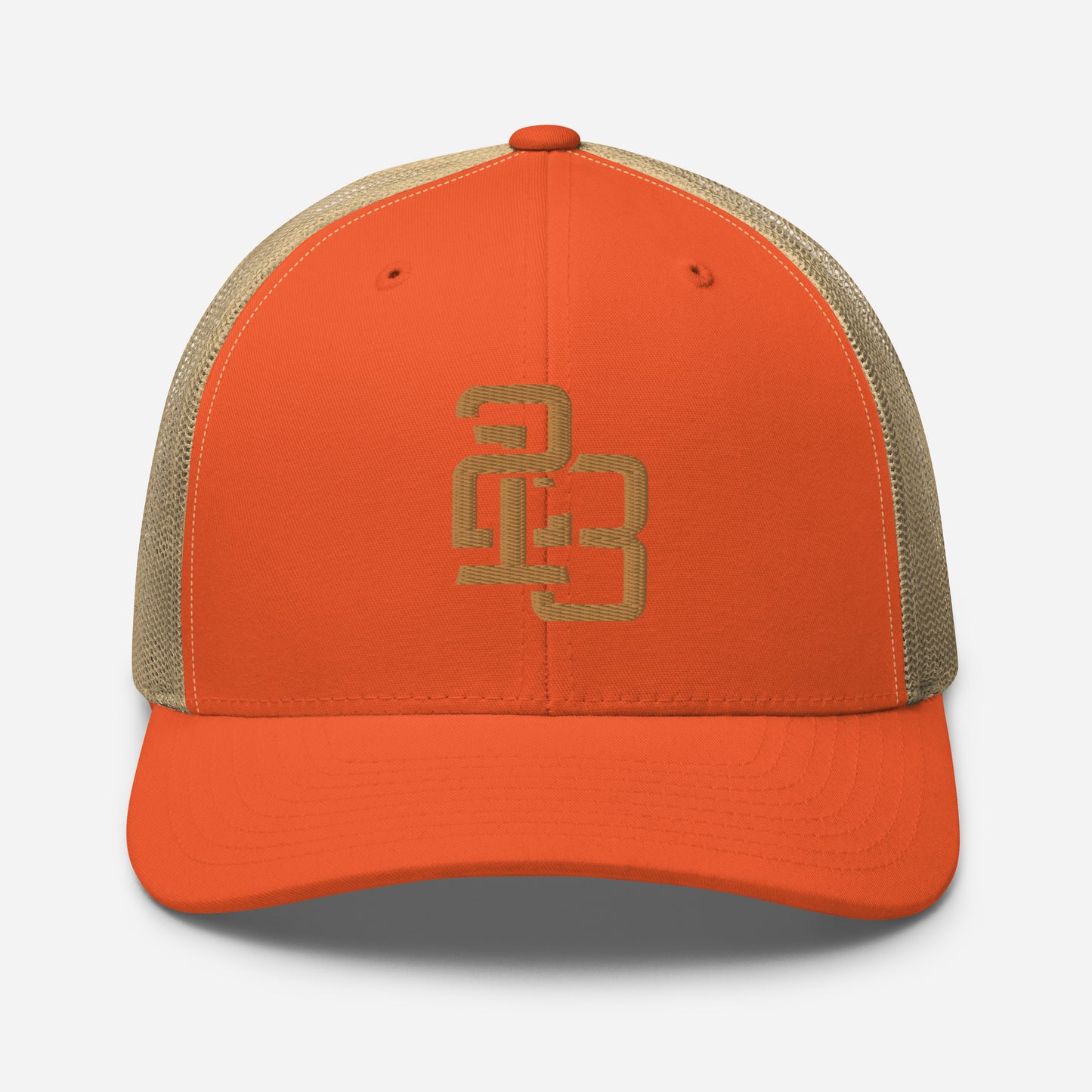 "213" Retro Trucker Hat | Yupoong 6606 | E Luna CLASSIC Solocrest 1 Old Gold Thread Front Logo