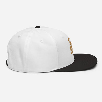 "213" Snapback | Otto Cap 125-978 | E Luna ESSENTIAL Duocrest 2 Old Gold Thread Front & Left Side Logos