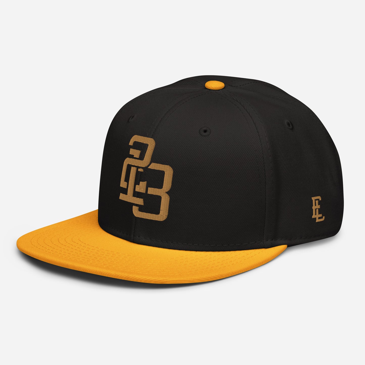 "213" Snapback | Otto Cap 125-978 | E Luna ESSENTIAL Duocrest 2 Old Gold Thread Front & Left Side Logos