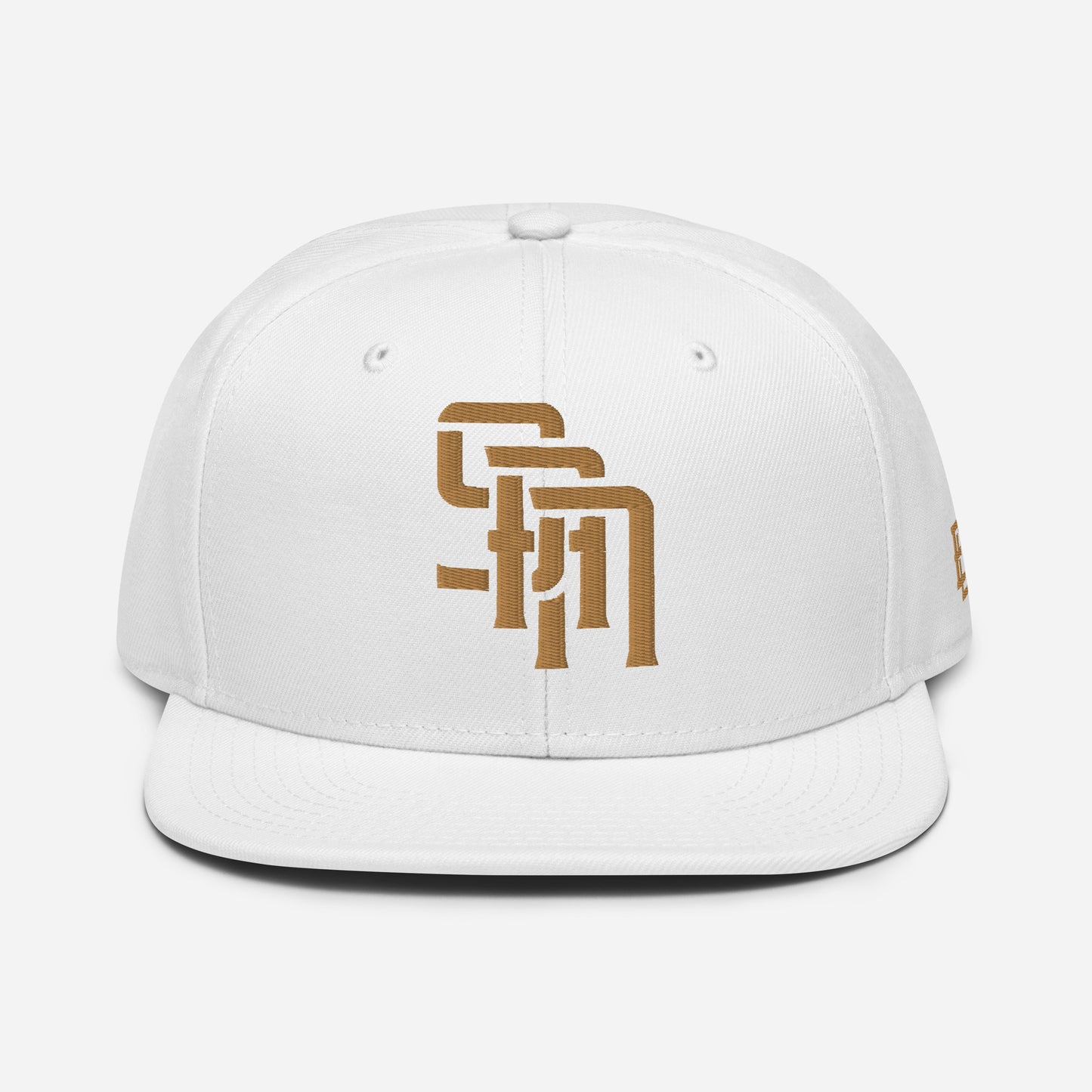 "SAN" Snapback | Otto Cap 125-978 | E Luna Brand ESSENTIAL Duocrest 2 Old Gold Thread Logos: Front & Left