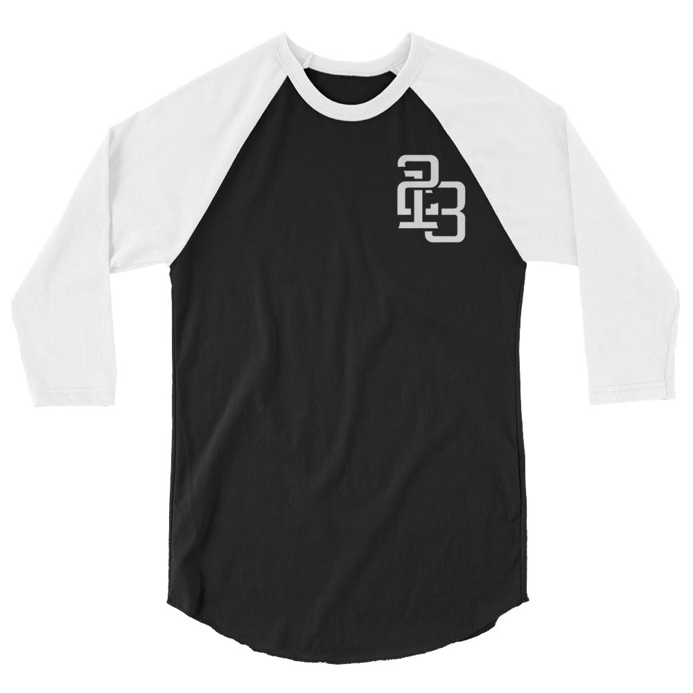 "213" Camiseta Raglán Unisex 3/4 Manga | Tultex 245 | E Luna Brand CHOICE Duocrest 2 Logotipos Blancos: Parte Superior Izquierda Delantera y Etiqueta Trasera Exterior