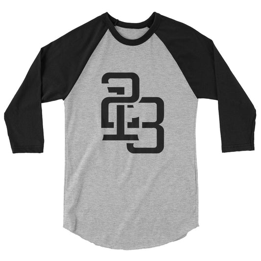 "213" Unisex 3/4 Sleeve Raglan Shirt | Tultex 245 | 2 Black Logos Including Outside Back Label Logo