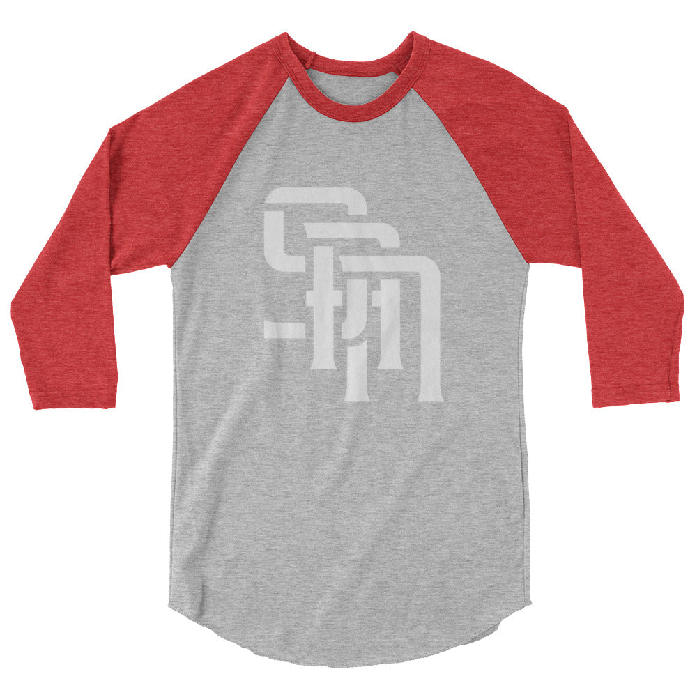 "SAN" Unisex 3/4 Sleeve Raglan Shirt | E Luna Brand CHOICE | 2 White Logos: Front (Large) & Outside Back Label