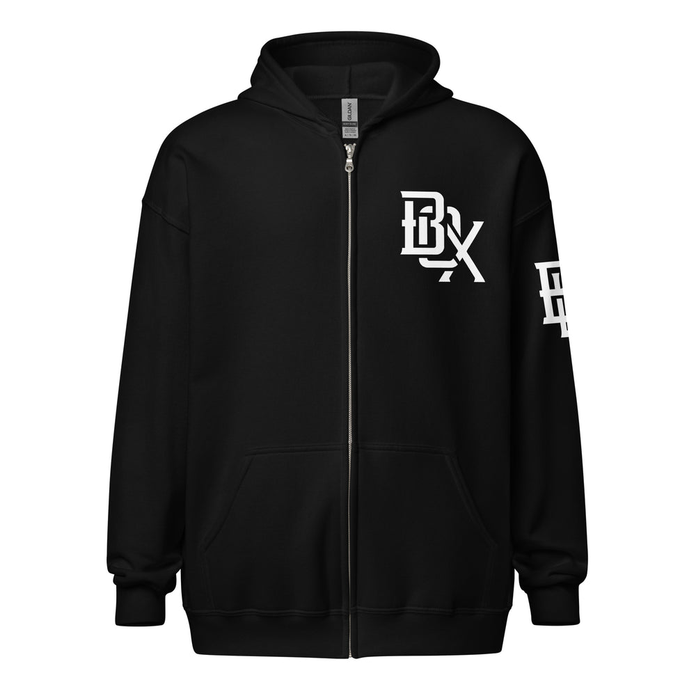"BOX" Unisex Heavy Blend Zip Hoodie | Gildan 18600 | E Luna Brand ESSENCE Tricrest 3 White Logos: Front Upper Left, Left Arm & Outside Back Label