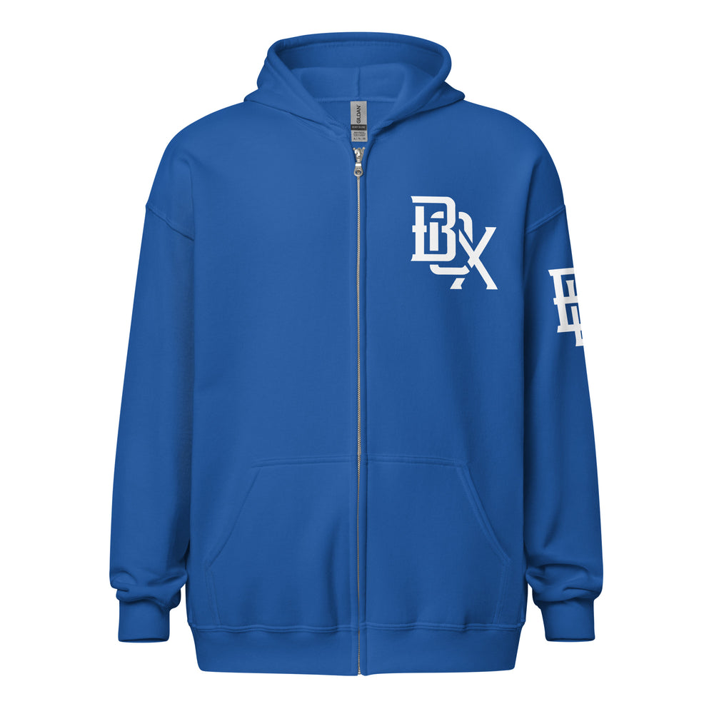 Sudadera con capucha y cremallera unisex "BOX" Heavy Blend | Gildan 18600 | Marca E Luna ESSENCE Tricrest 3 Logotipos Blancos: Parte Superior Izquierda Delantera, Brazo Izquierdo y Etiqueta Exterior Trasera