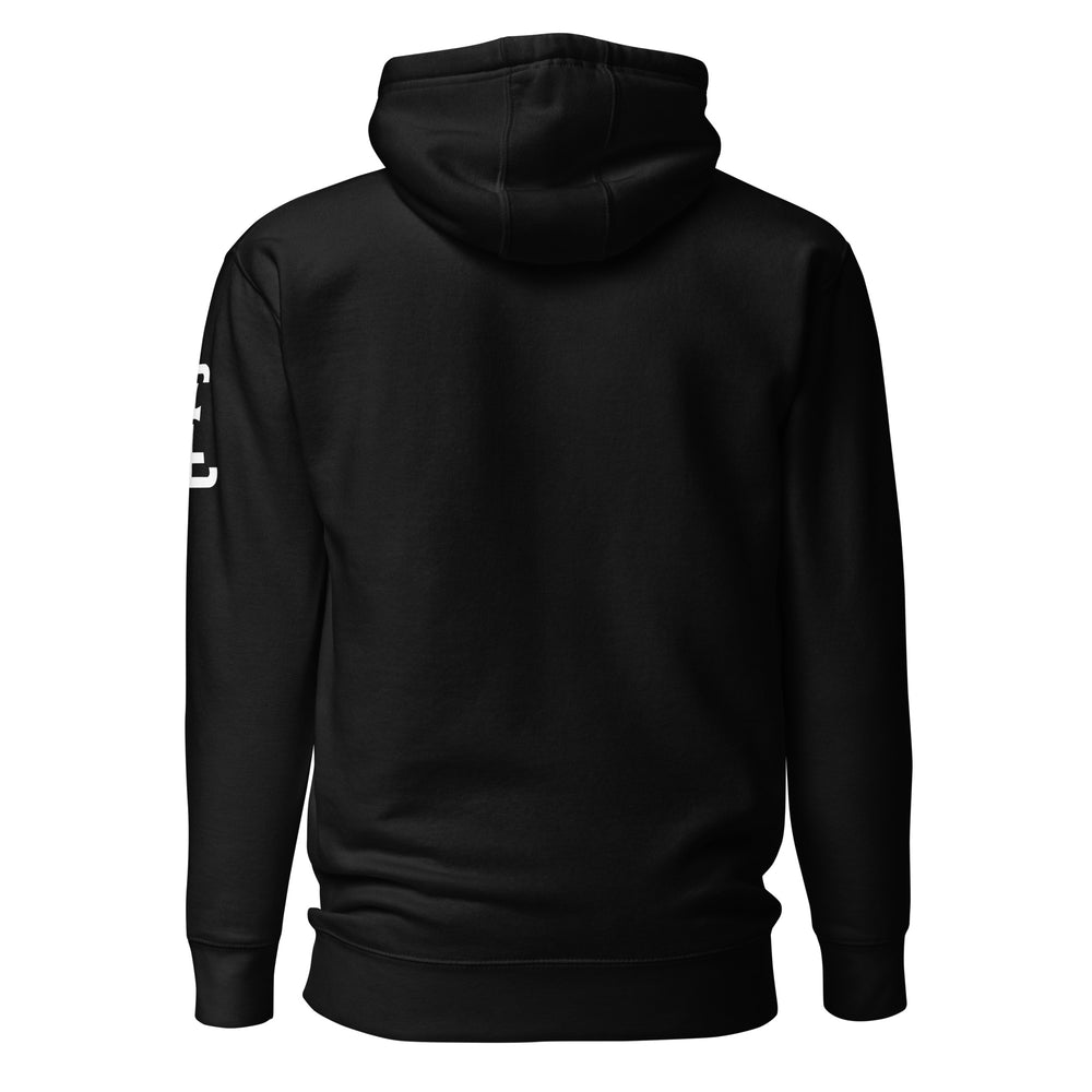 "619" Unisex Premium Hoodie | Cotton Heritage M2580 | E Luna Brand ESSENCE Tricrest 3 White Logos: Front Upper Left, Left Arm & Outside Back Label