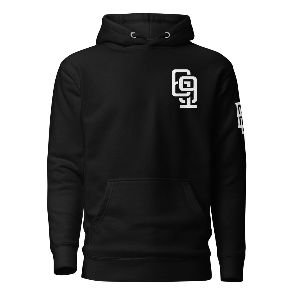 "619" Unisex Premium Hoodie | Cotton Heritage M2580 | E Luna Brand ESSENCE Tricrest 3 White Logos: Front Upper Left, Left Arm & Outside Back Label