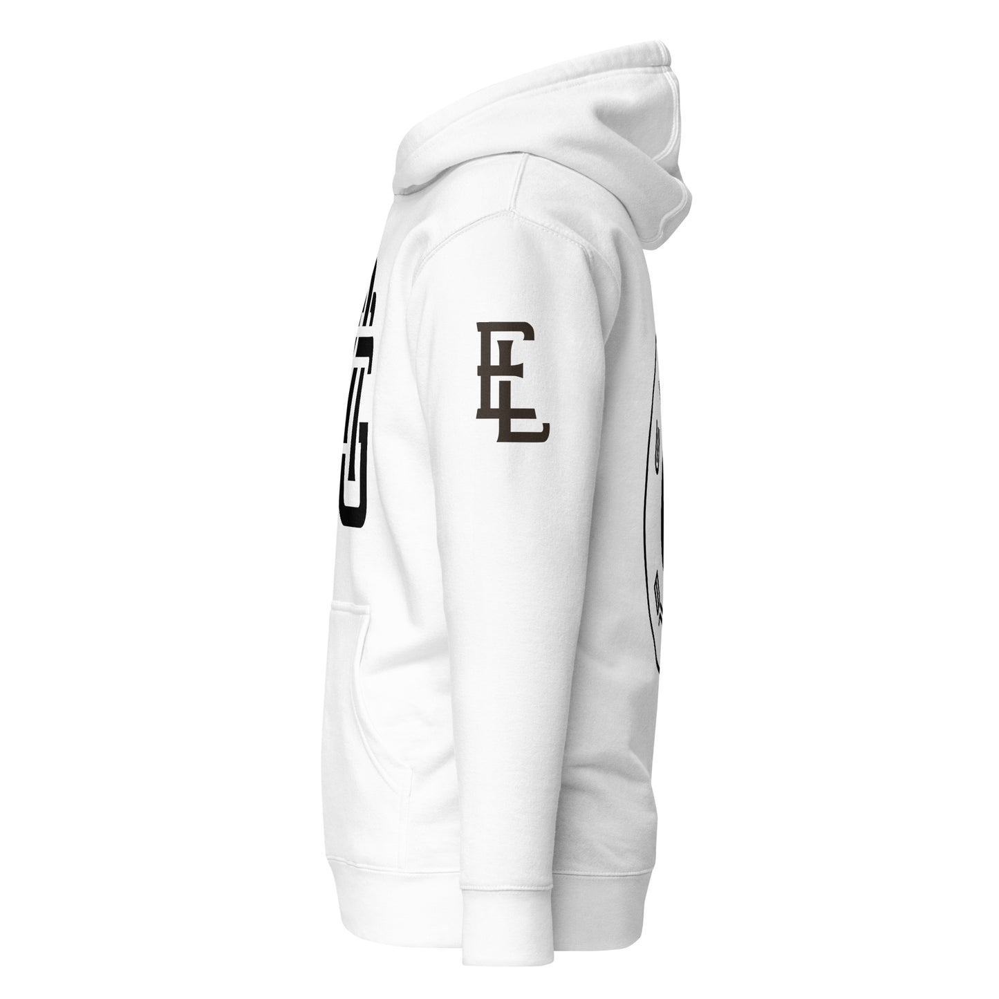 "ANG" Unisex Premium Hoodie | Cotton Heritage M2580 | E Luna Brand ELEMENT Tricrest 3 Black Logos: Front Center (Large), Left Upper Arm & Back (Large)