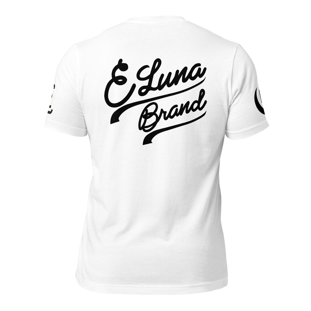 "SAN" Unisex Staple T-Shirt | E Luna Brand EXCLUSIVE | 4 White Logos: Front, Left/Right Sleeves & Back Signature