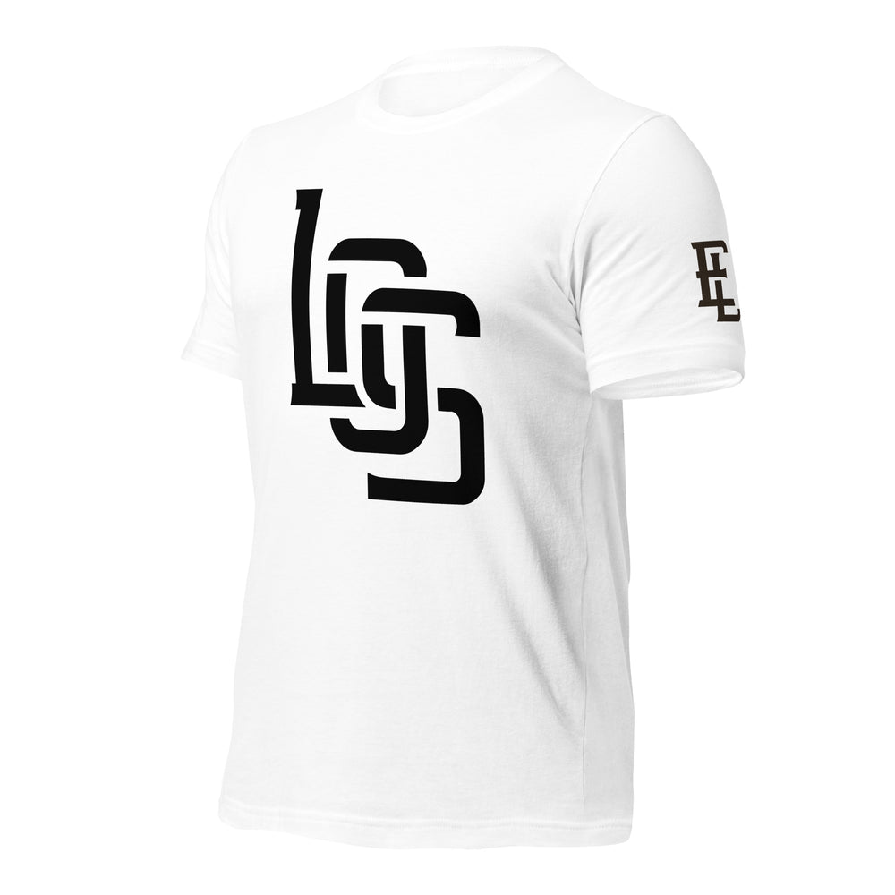 Playera Básica Unisex "LOS" | Bella + Canvas 3001 | Marca E Luna ESSENCE Tricrest 3 Logotipos Negros: Centro Frontal (Grande), Brazo Izquierdo y Etiqueta Externa Trasera