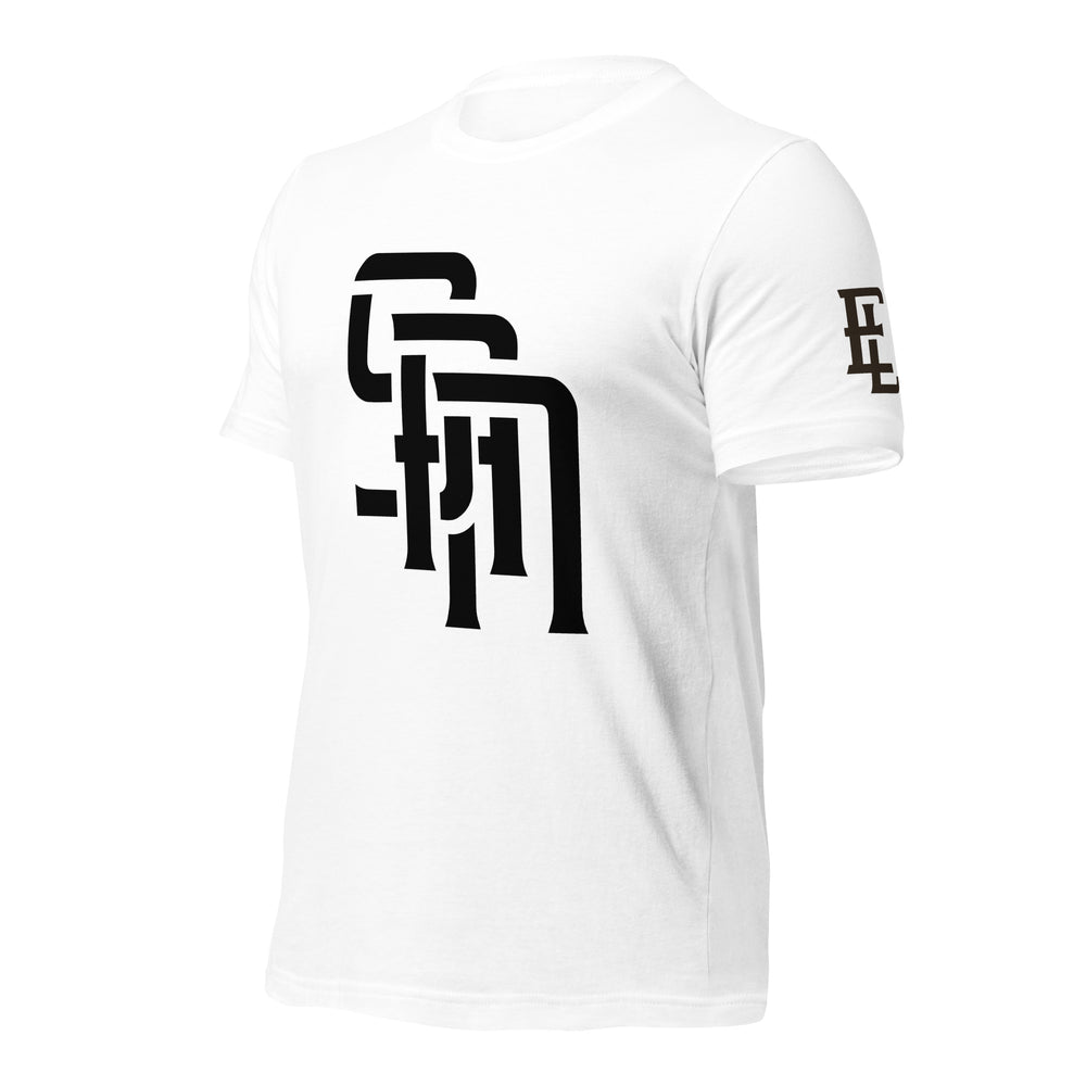 "SAN" Unisex Staple T-Shirt | E Luna Brand ESSENCE | 3 Black Logos: Front, Left Sleeve & Outside Back Label